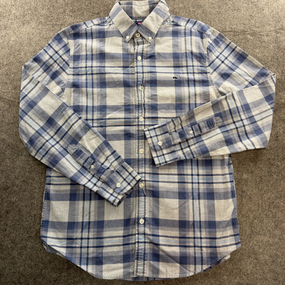 Vineyard Vines Mens Slim Fit Whale Shirt Blue White Plaid Button Down Size M